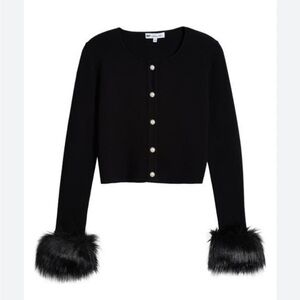 Elegant Black Cardigan with Faux Fur Cuffs